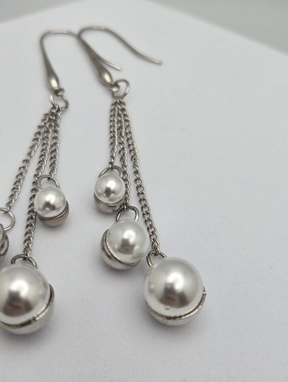 Triple Chain Faux Pearl Dangle Earrings Waterfall Drop French Hooks 3" Vintage - Picture 5 of 8